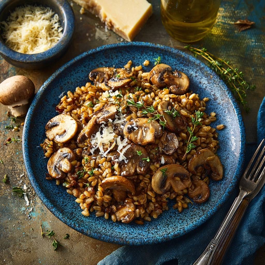 Cremiges Pilz-Gerstenrisotto, serviert auf einem blauen Teller. Die Draufsicht zeigt das cremige Risotto mit frischen Pilzen und Parmesan.