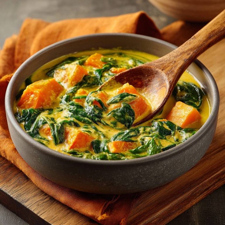 Cremiges Süßkartoffel-Spinat-Curry in einer Schüssel mit einem Holzlöffel, Nahaufnahme des cremigen Currys.