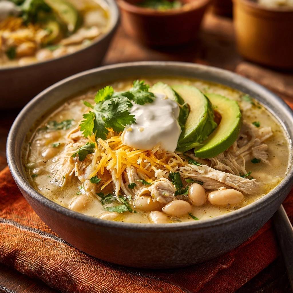 Cremiges Weisses Huhn Chili Serviert 1 Cremiges Weißes Hähnchen-Chili serviert in einer Schüssel, garniert mit Avocado, Sauerrahm und geriebenem Käse. Diese köstliche Suppe ist perfekt für kalte Tage.