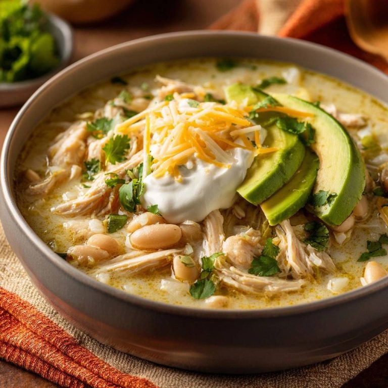 Cremiges Weißes Hähnchen-Chili serviert in einer Schüssel, garniert mit Avocado, Sauerrahm, Käse und frischer Petersilie.