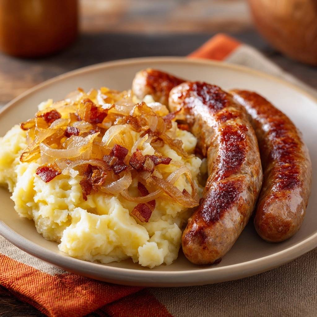 Deftige Bratwurst auf Kartoffelstampf serviert auf einem Teller, mit Zwiebeln und knusprigem Speck belegt. Ein herzhaftes Gericht, perfekt für jede Gelegenheit.