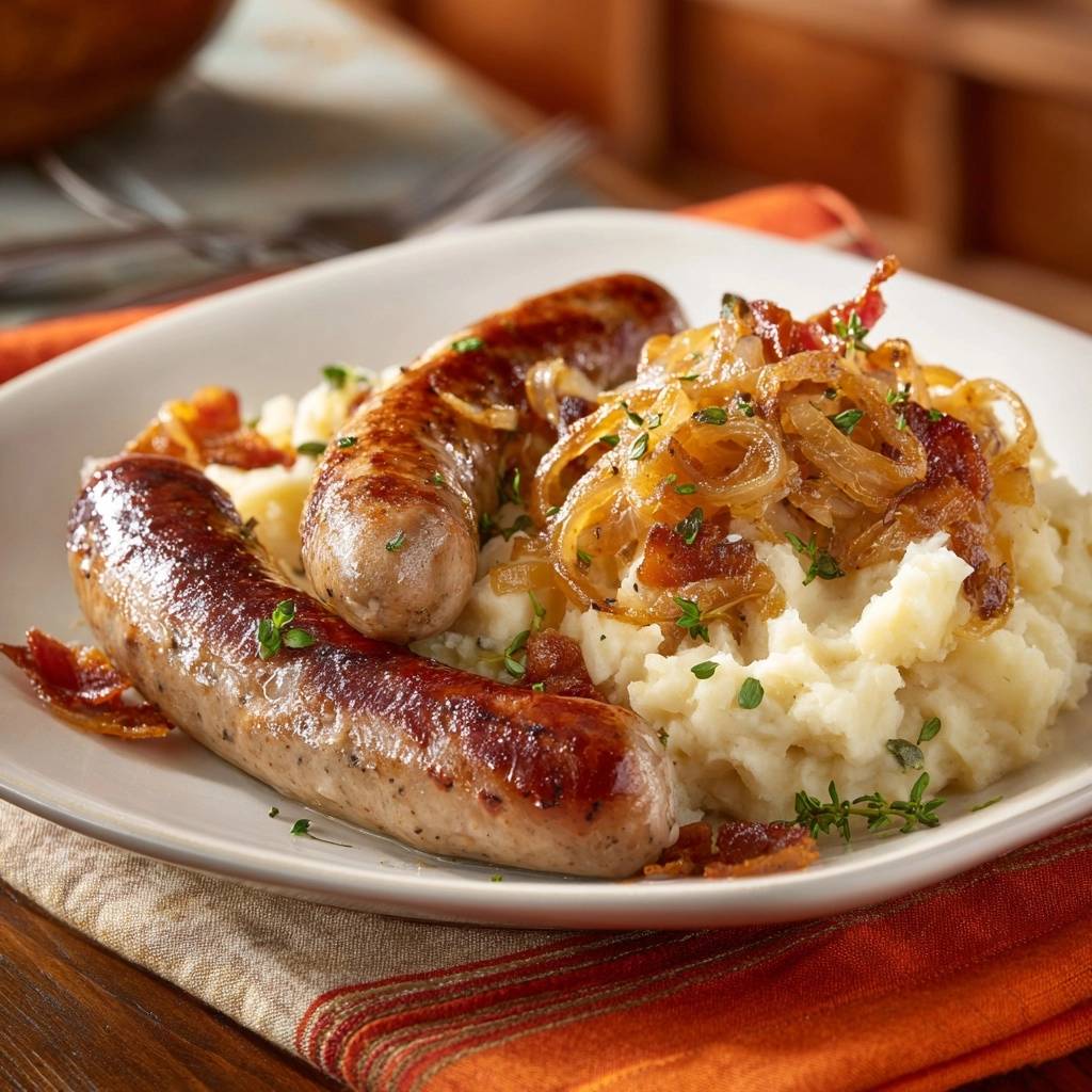 Deftige Bratwurst auf Kartoffelstampf serviert auf einem Teller mit Zwiebeln und knusprigem Speck, garniert mit frischen Kräutern.