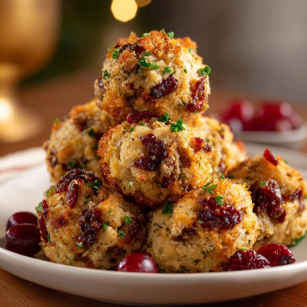 Festliche Preiselbeer-Füllbällchen, serviert auf einem weißen Teller, präsentiert mit frischen Preiselbeeren zur Dekoration. Diese köstlichen Füllbällchen sind perfekt für festliche Anlässe.