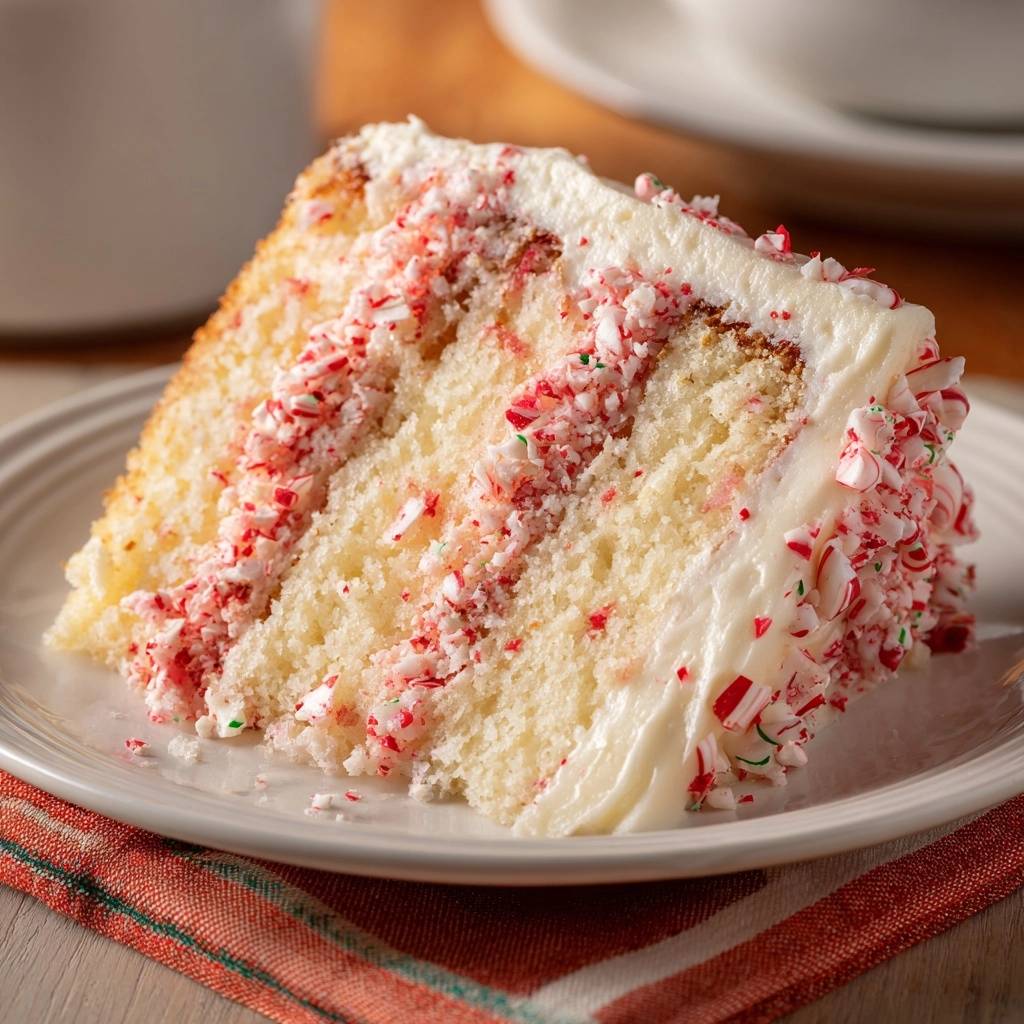 Festlicher Pfefferminz-Schichtkuchen: Ein detailreicher Querschnitt zeigt die fluffigen Schichten und die cremige Füllung mit zerbröselten Pfefferminzbonbons.