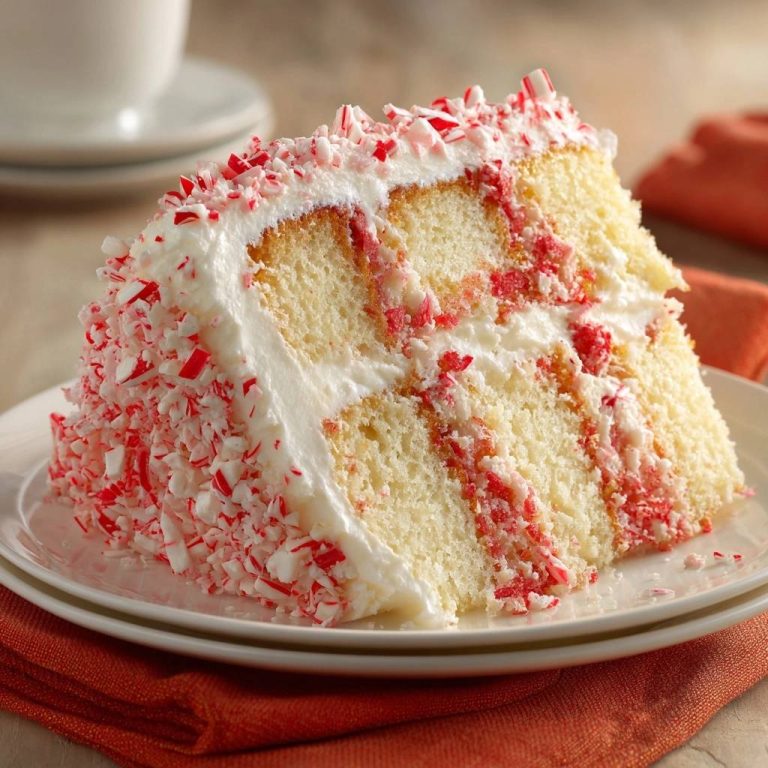 Festlicher Pfefferminz-Schichtkuchen: Ein detailreicher Querschnitt zeigt die fluffigen Schichten und die cremige Füllung mit Pfefferminz-Stückchen.