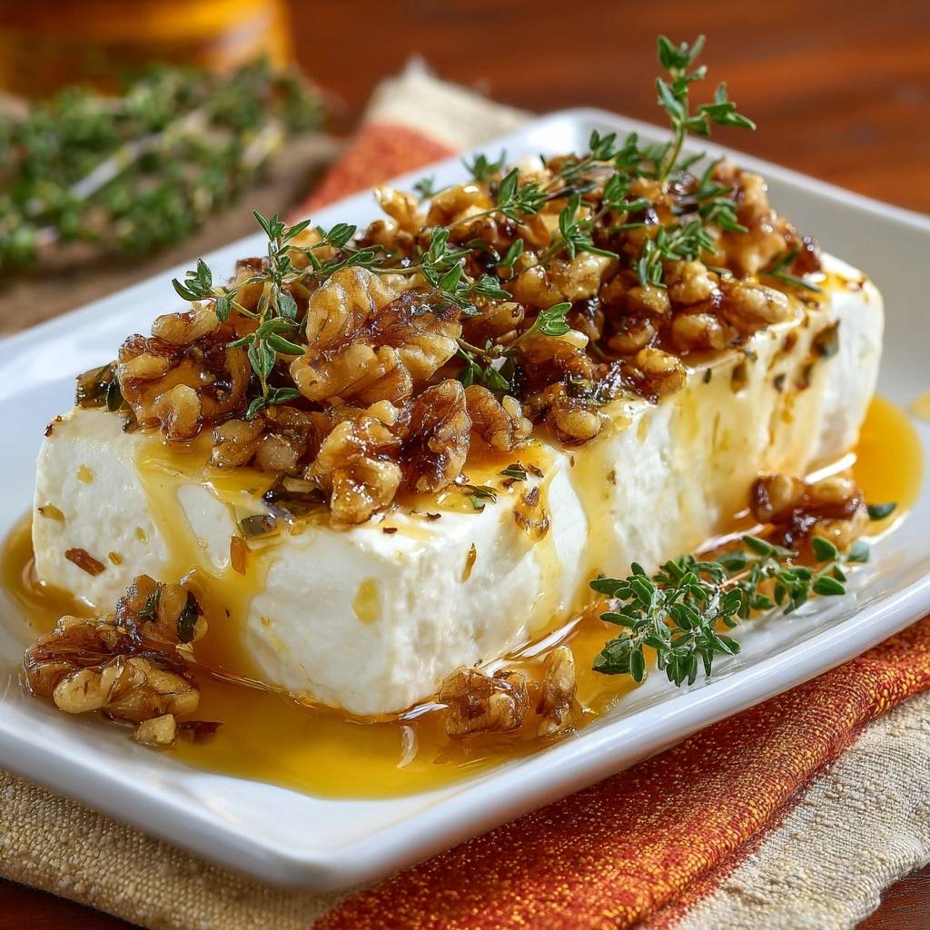 Feta mit Honig, Walnüssen und Thymian, serviert auf einem weißen Teller. Die Nahaufnahme zeigt die Honig-Walnuss-Kombination und frischen Thymian.