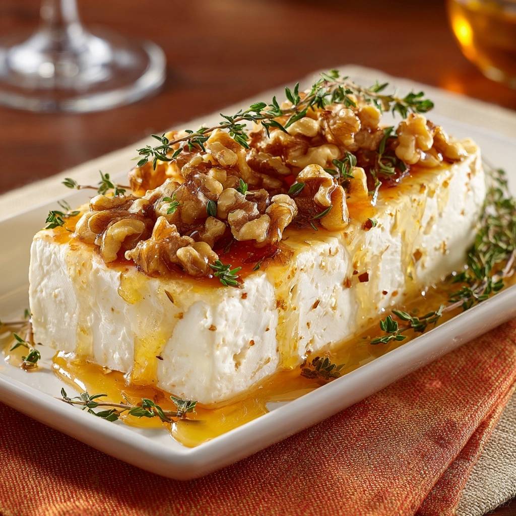 Feta mit Honig, Walnüssen und Thymian serviert auf einem weißen Teller, wunderschön mit Honig beträufelt und Thymian garniert.