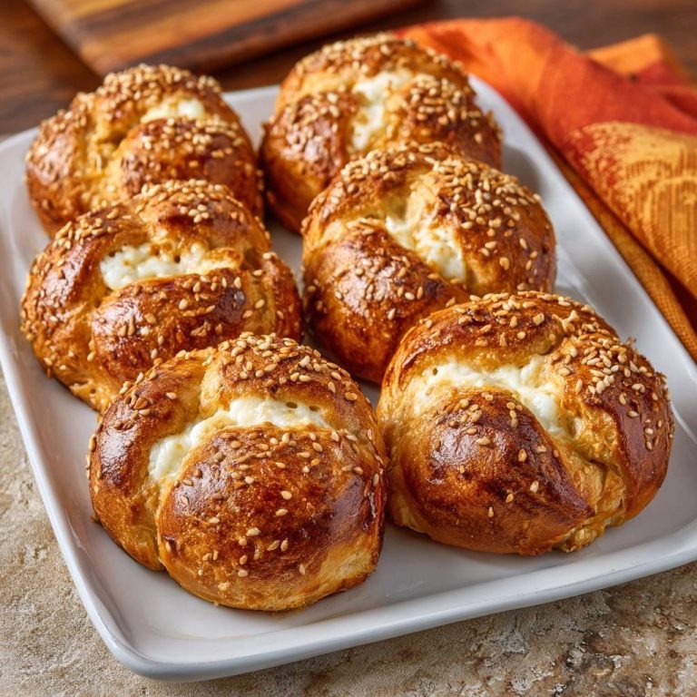 Fluffige Sesam-Käsebrötchen, serviert auf einem weißen Teller, von oben fotografiert. Die goldbraunen Brötchen sind mit Sesam bestreut.