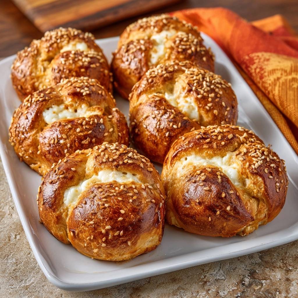 Fluffige Sesam-Käsebrötchen, serviert auf einem weißen Teller, von oben fotografiert. Die goldbraunen Brötchen sind mit Sesam bestreut.
