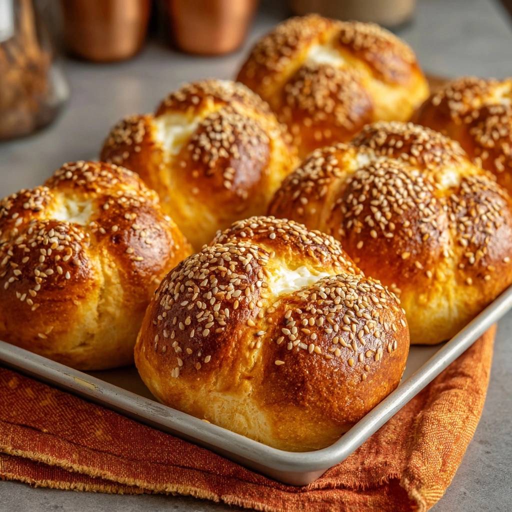 Fluffige Sesam-Käsebrötchen in Nahaufnahme, goldbraun gebacken und reichlich mit Sesam bestreut, bereit zum Genießen.