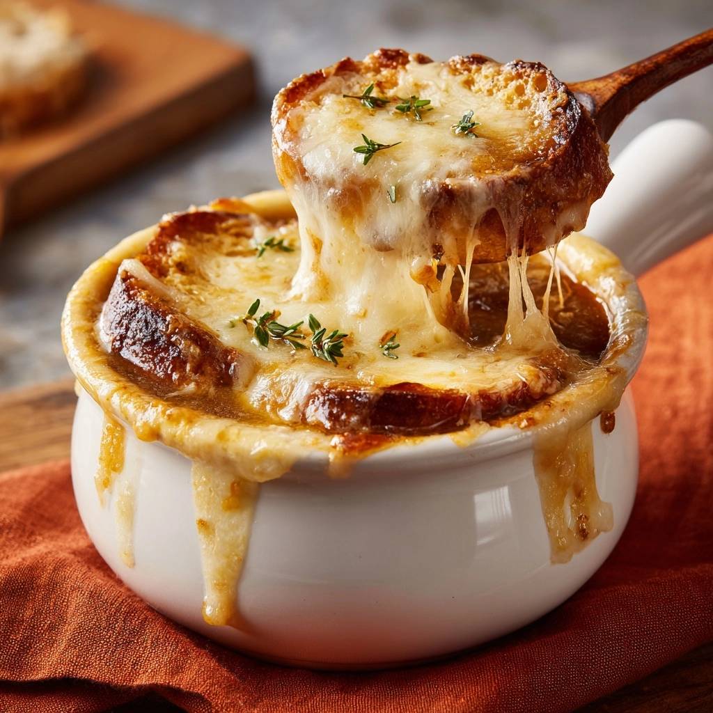 Französische Zwiebelsuppe mit geschmolzenem Käse, der sich beim Abheben des Brotes in langen Fäden zieht. Ein köstliches Gericht.