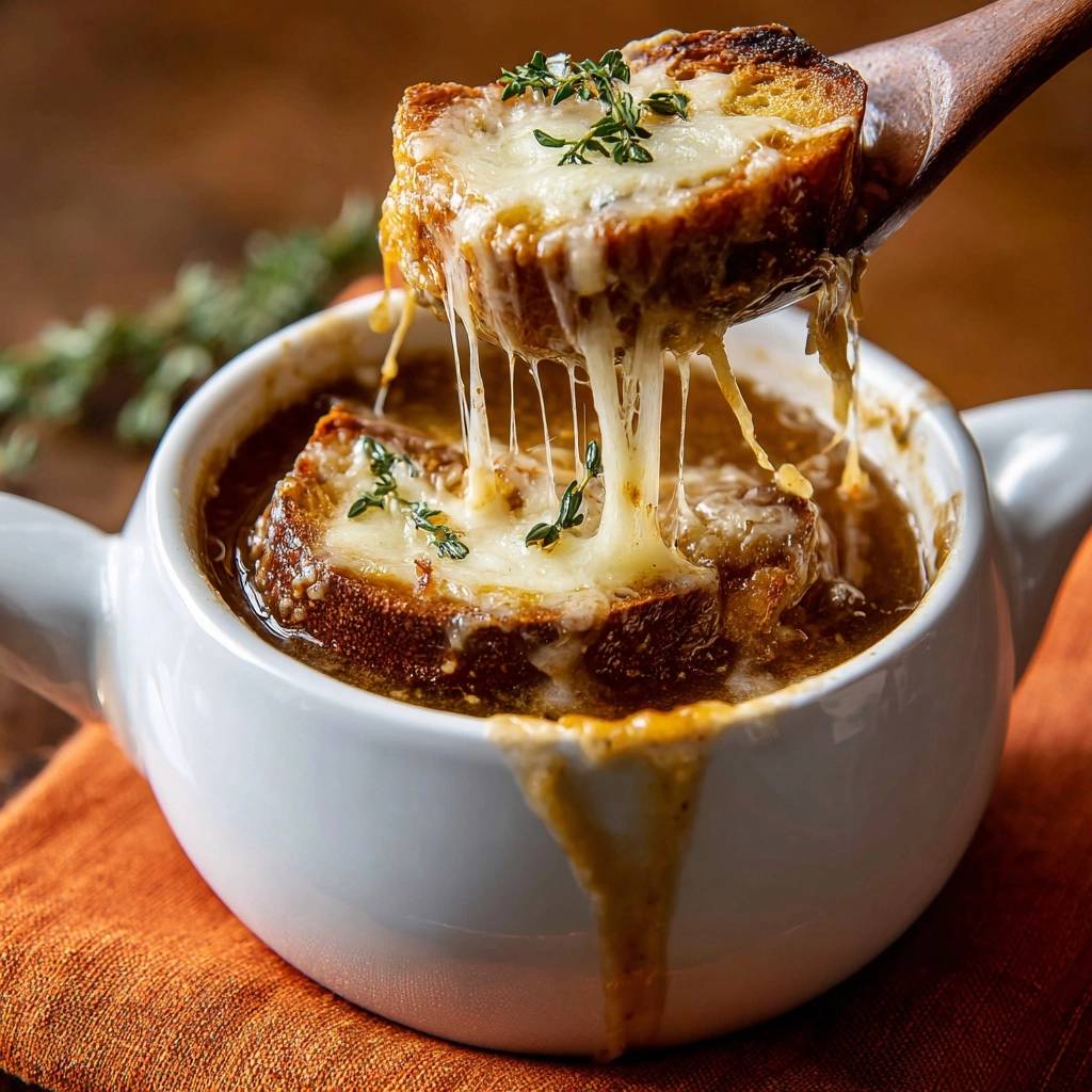 Französische Zwiebelsuppe mit geschmolzenem Käse, der sich in langen Fäden vom Brot zieht. Ein köstliches Detail für Feinschmecker.