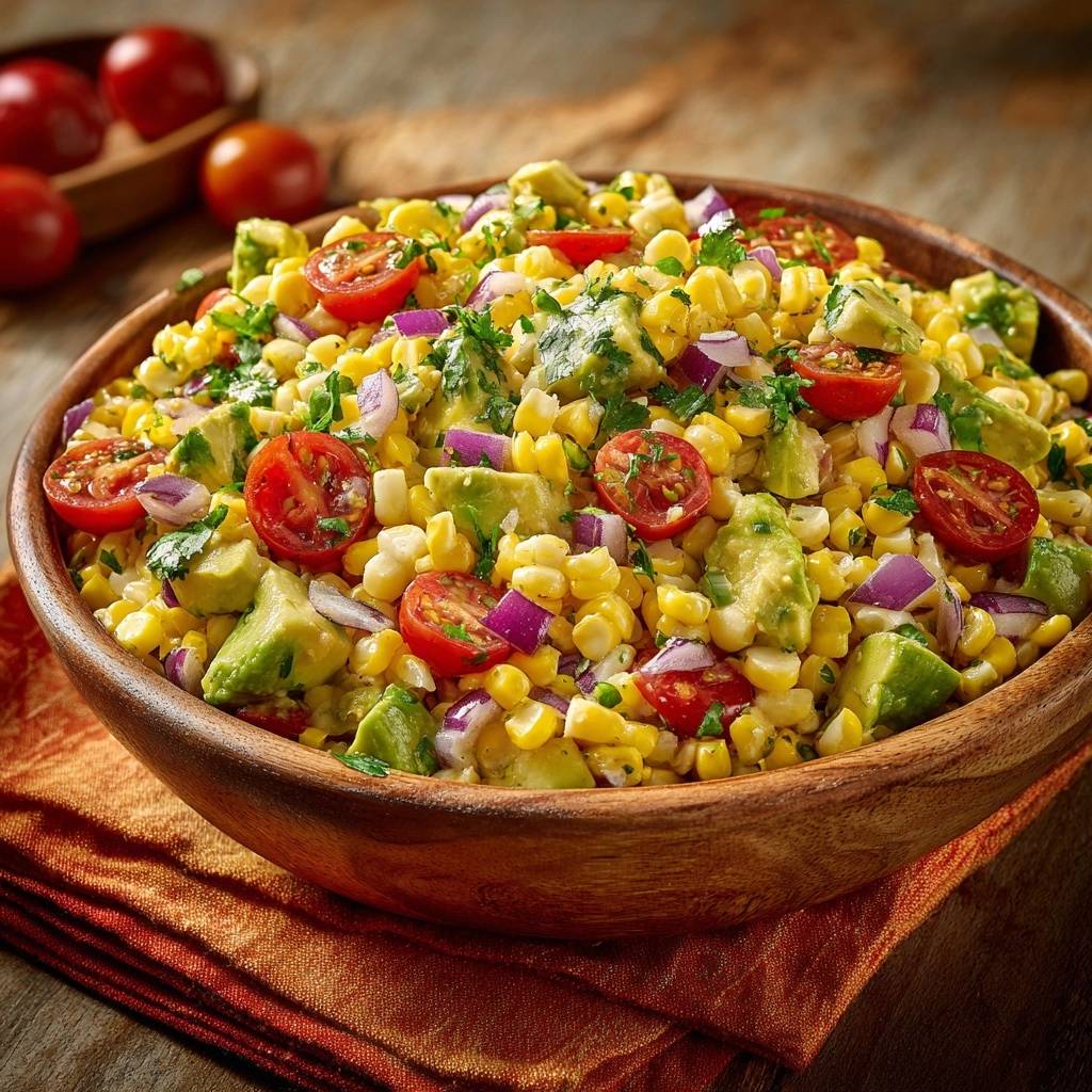 Frischer Avocado-Mais-Salat in einer rustikalen Holzschüssel, mit reifen Tomaten, Avocado und frischen Kräutern. Die Nahaufnahme zeigt die frischen Zutaten.