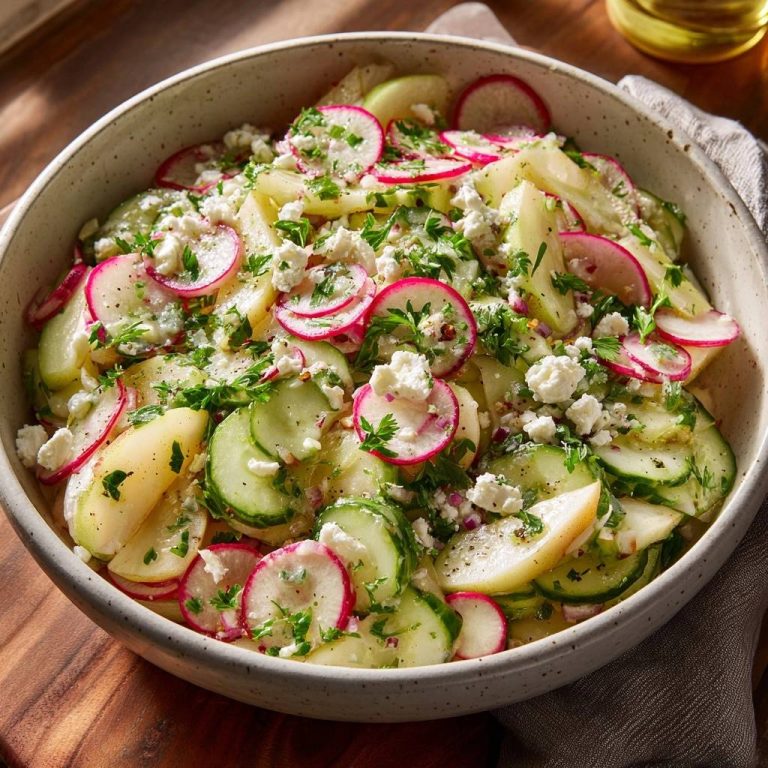 Frischer Gurken-Kartoffelsalat mit Radieschen & Feta in einer Schüssel aus der Vogelperspektive, angerichtet mit frischer Petersilie und Ziegenkäse.