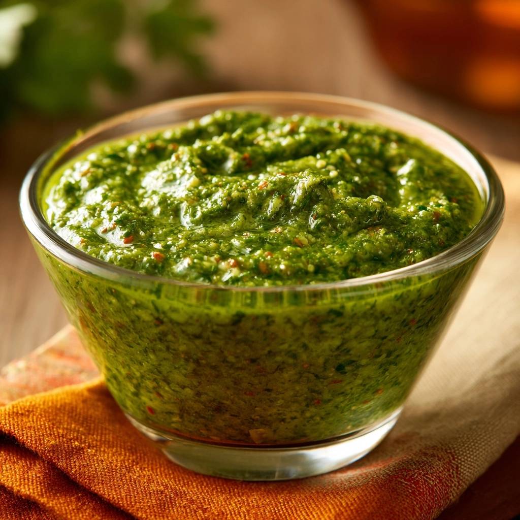 Frisches Kräuterpesto in einer Glasschüssel aus nächster Nähe betrachtet. Die grüne Pesto-Soße ist mit verschiedenen Kräutern zubereitet.