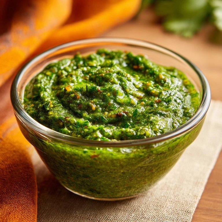 Frisches Kräuterpesto in einer Glas-Schüssel, eine Nahaufnahme zeigt die frische, grüne Textur und die Zutaten des beliebten Pestos.