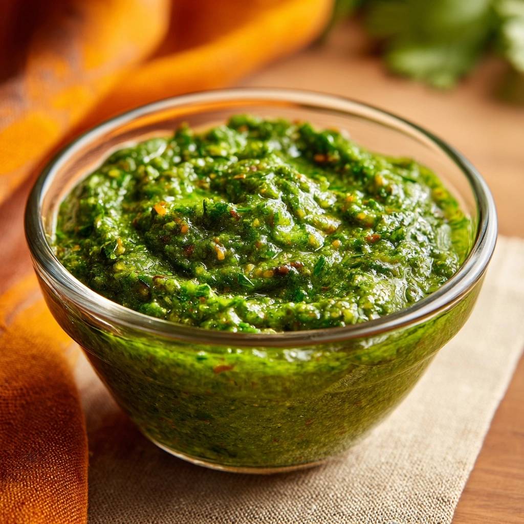 Frisches Kräuterpesto in einer Glas-Schüssel, eine Nahaufnahme zeigt die frische, grüne Textur und die Zutaten des beliebten Pestos.