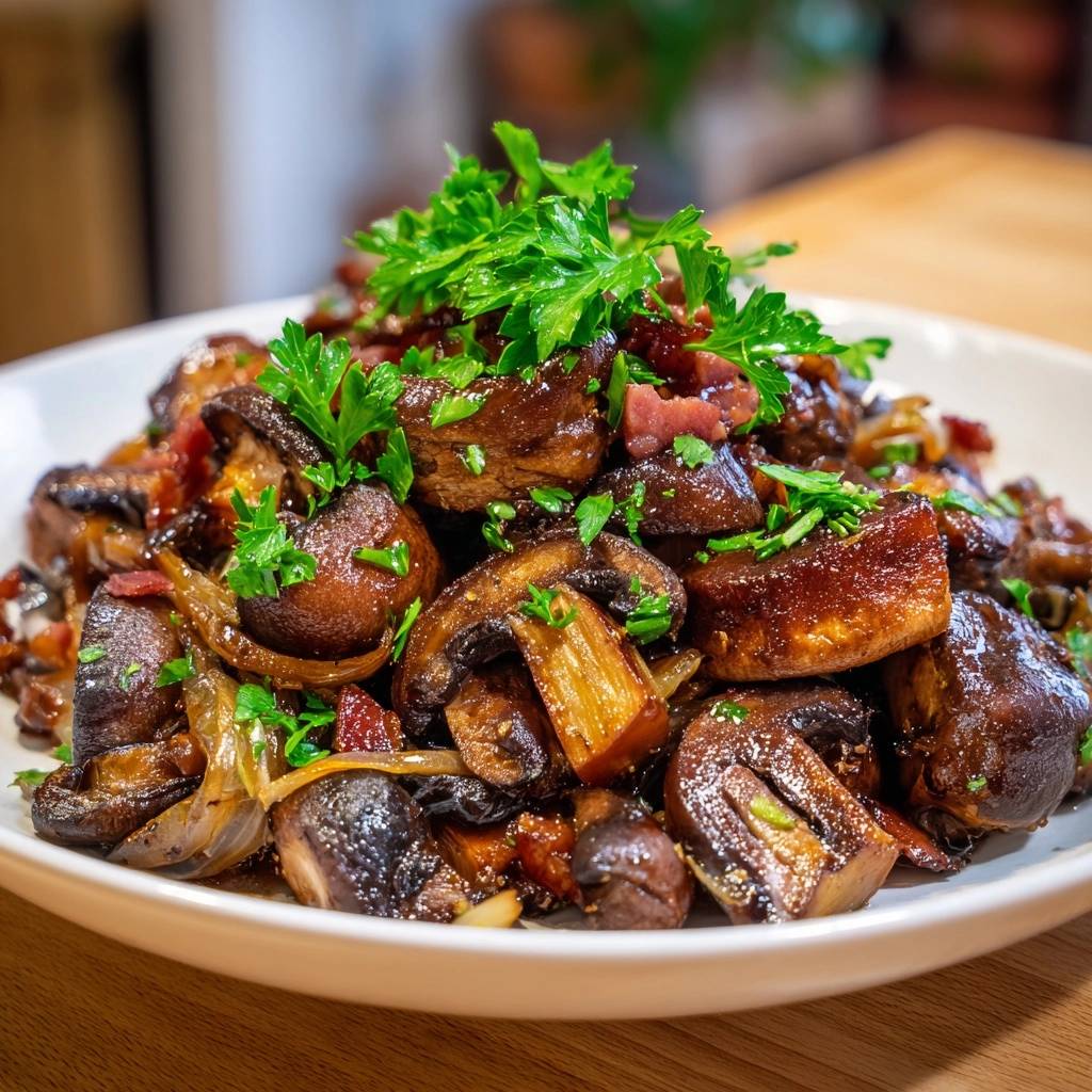Gebratene Champignons mit Speck und Zwiebeln, serviert in einer weißen Schüssel, garniert mit frischer Petersilie. Köstliche Pilze, Speck und Zwiebeln in einer herzhaften Mahlzeit.