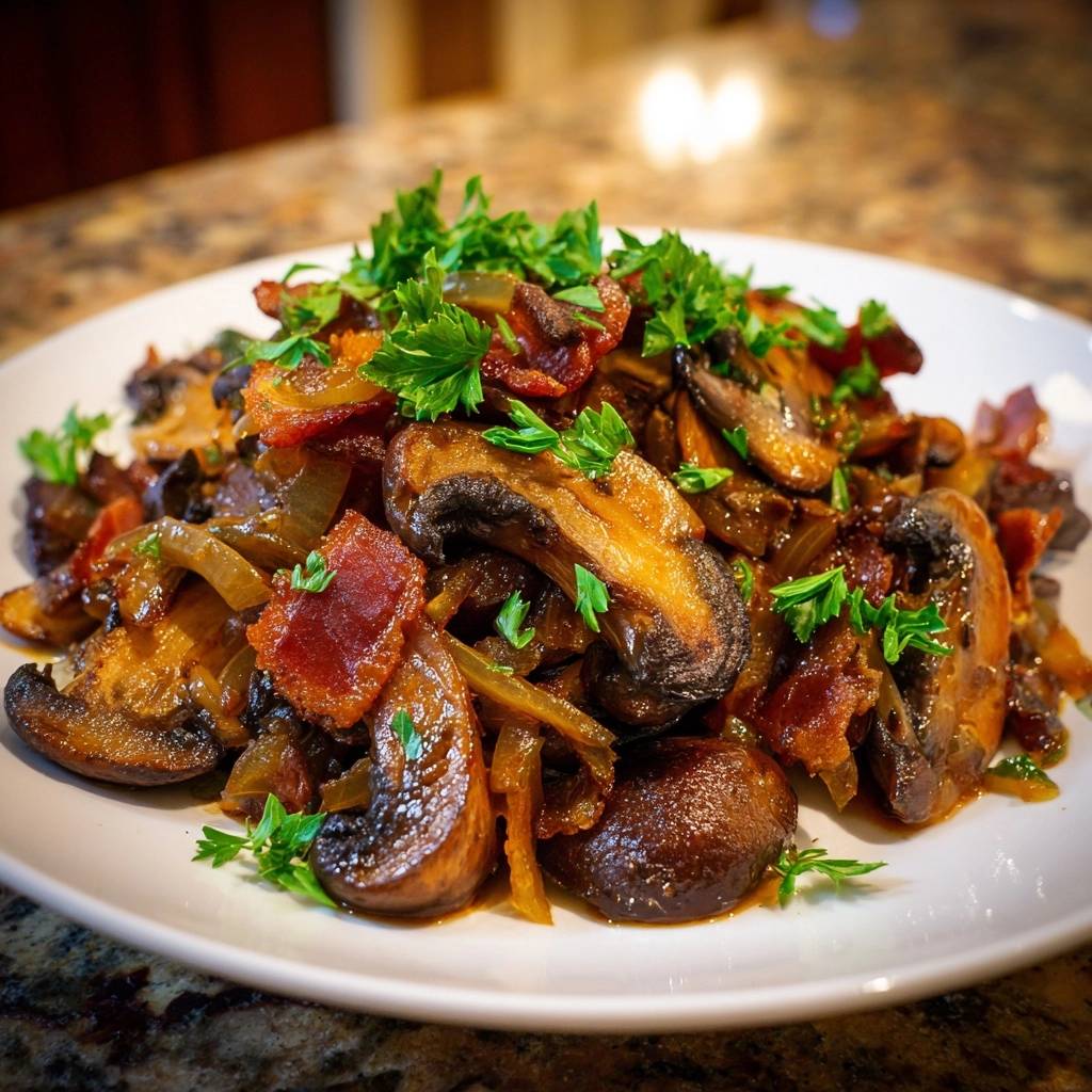 Gebratene Champignons mit Speck und Zwiebeln serviert auf einem weißen Teller, garniert mit frischer Petersilie und knusprigem Speck.
