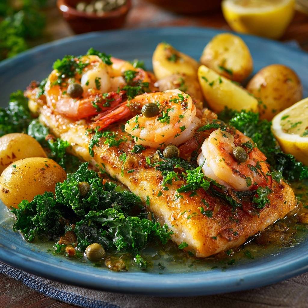 Gebratenes Fischfilet Mit Garnelen Serviert 1 Gebratenes Fischfilet mit Garnelen serviert auf einem blauen Teller, garniert mit frischer Petersilie und Kapern. Dazu knusprige Röstkartoffeln.