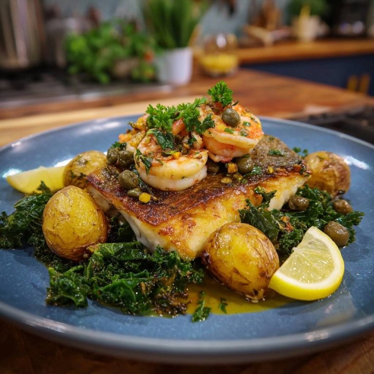 Gebratenes Fischfilet mit Garnelen, serviert auf einem blauen Teller, mit Röstkartoffeln, Kapern und frischen Kräutern garniert.