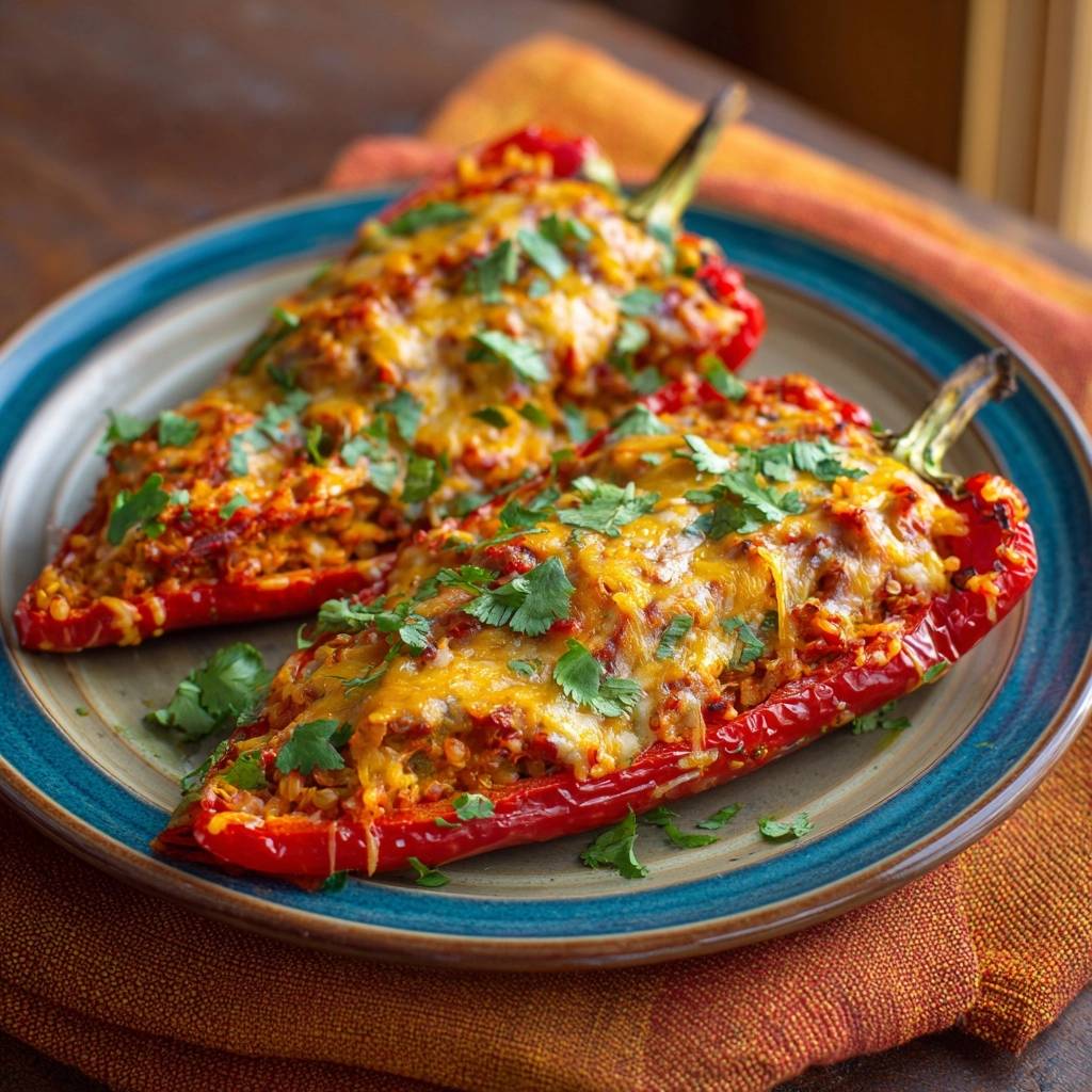 Gefuellte Paprika Kaese Garniert 1 Gefüllte Paprika mit Bulgur und Käse, auf einem Teller serviert und mit frischer Petersilie garniert.