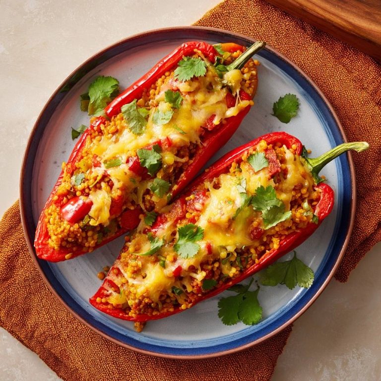 Gefüllte Paprika mit Bulgur und Käse, serviert von oben, mit frischen Kräutern garniert und mit geschmolzenem Käse bedeckt.