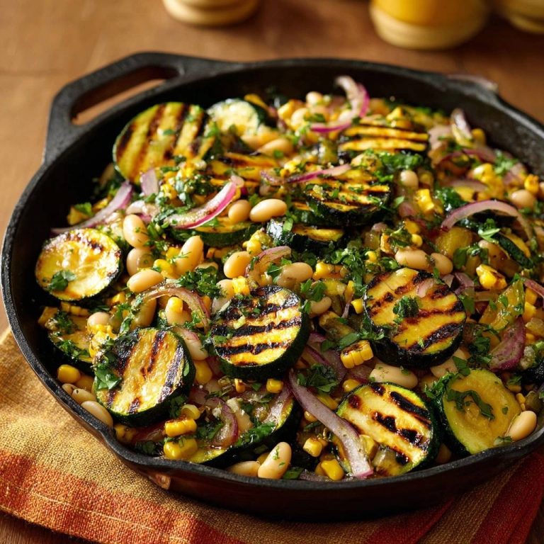 Gegrillte Zucchini mit Bohnen, Mais und Kräutern in einer gusseisernen Pfanne, aus der Vogelperspektive gesehen. Ein köstliches vegetarisches Gericht.