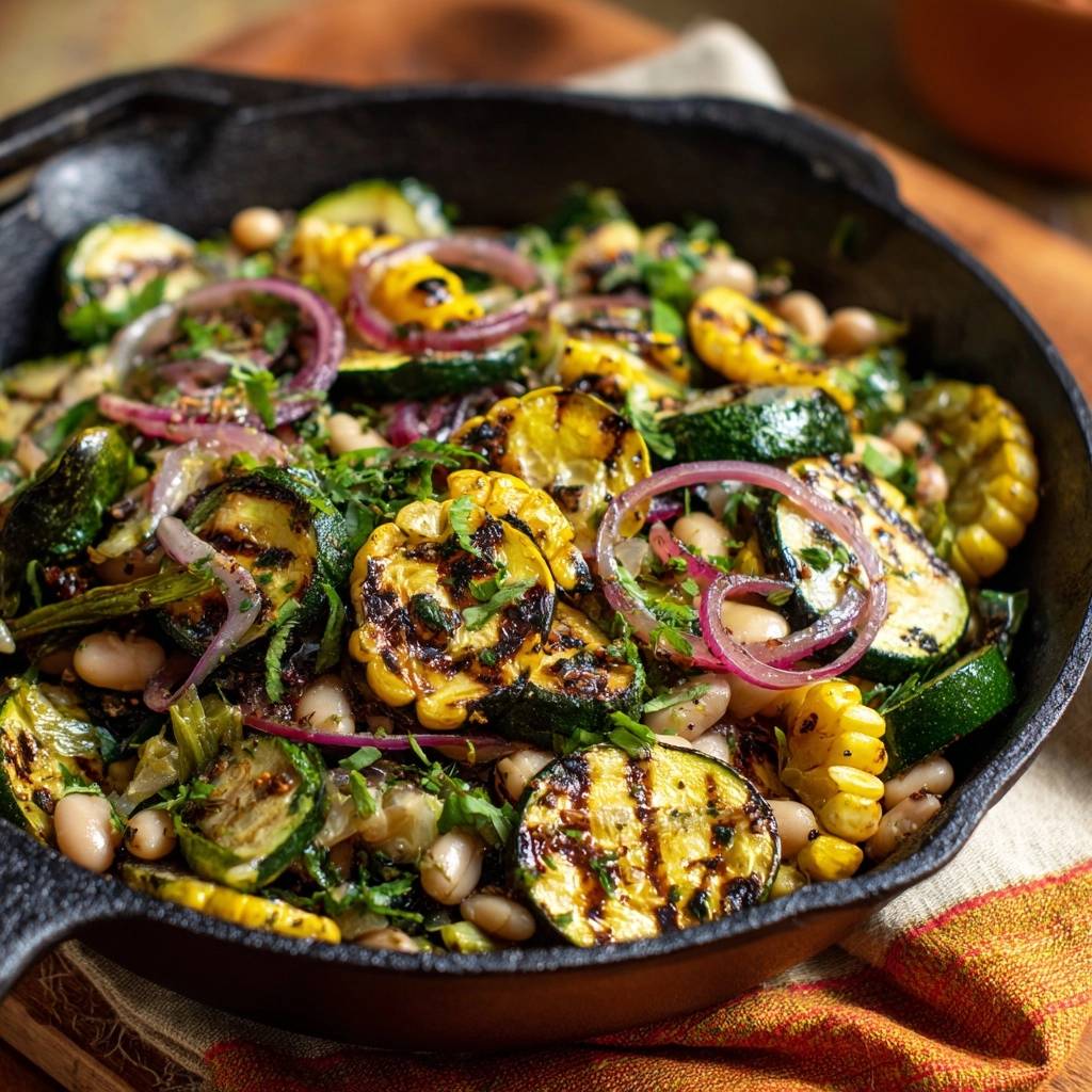 Gegrillte Zucchini Mit Bohnen Mais Und Kr Utern Draufsicht 1 Gegrillte Zucchini mit Bohnen, Mais & Kräutern in einer gusseisernen Pfanne, aus der Vogelperspektive gesehen, mit Zwiebeln und frischen Kräutern.