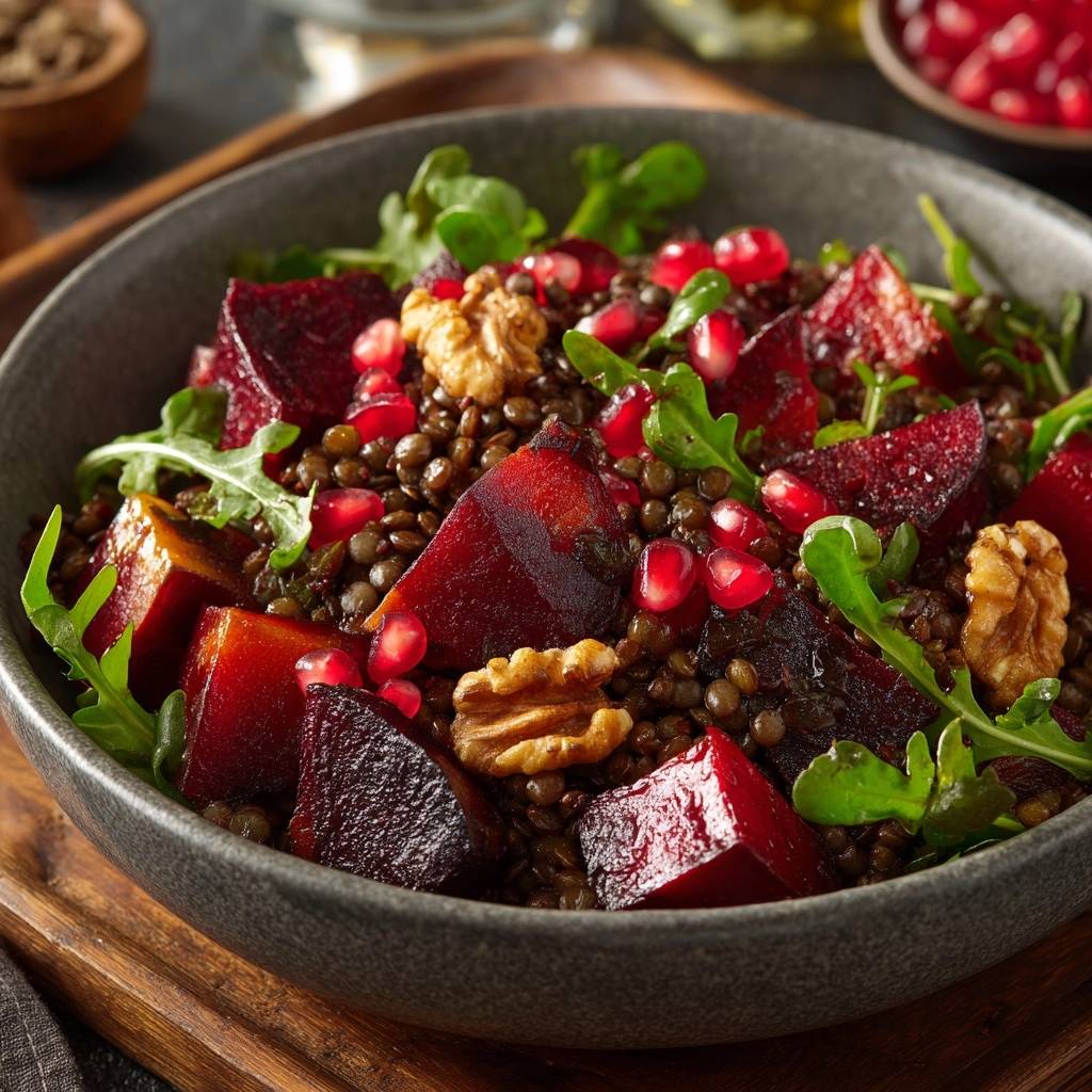 Geroesteter Rote-Bete-Linsen-Salat mit Walnüssen & Granatapfel in einer Nahaufnahme, der die leuchtenden Farben der Zutaten zeigt.