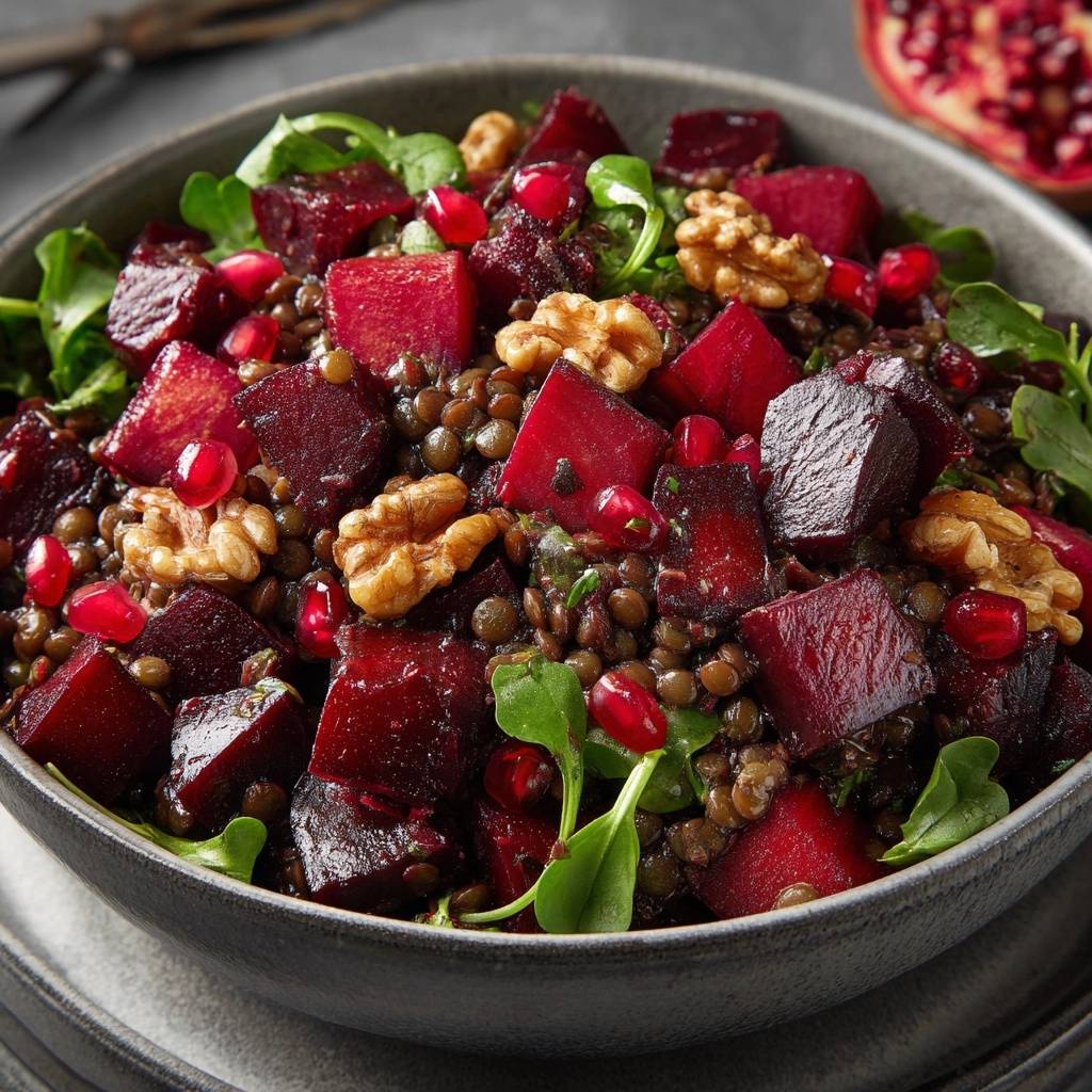 Gerösteter Rote-Bete-Linsen-Salat mit Walnüssen & Granatapfel, serviert in einer dunklen Schüssel, aus der Vogelperspektive gesehen.