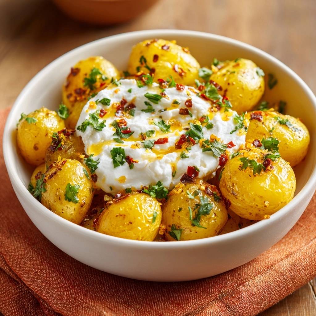 Gewürzte Babykartoffeln auf cremigem Joghurt, serviert in einer weißen Schüssel, von oben betrachtet. Ein köstliches vegetarisches Gericht mit frischen Kräutern und Gewürzen.