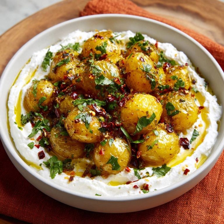 Gewürzte Babykartoffeln auf cremigem Joghurt, serviert in einer Schüssel, garniert mit frischer Petersilie und Chili-Flocken, von oben betrachtet.