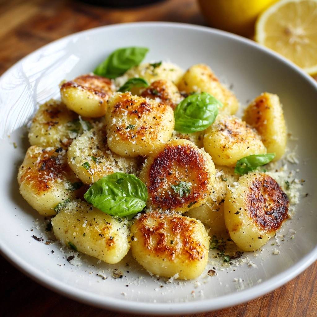 Goldbraun gebratene Zitronen-Gnocchi serviert in einer weißen Schüssel, garniert mit frischem Basilikum und geriebenem Käse.