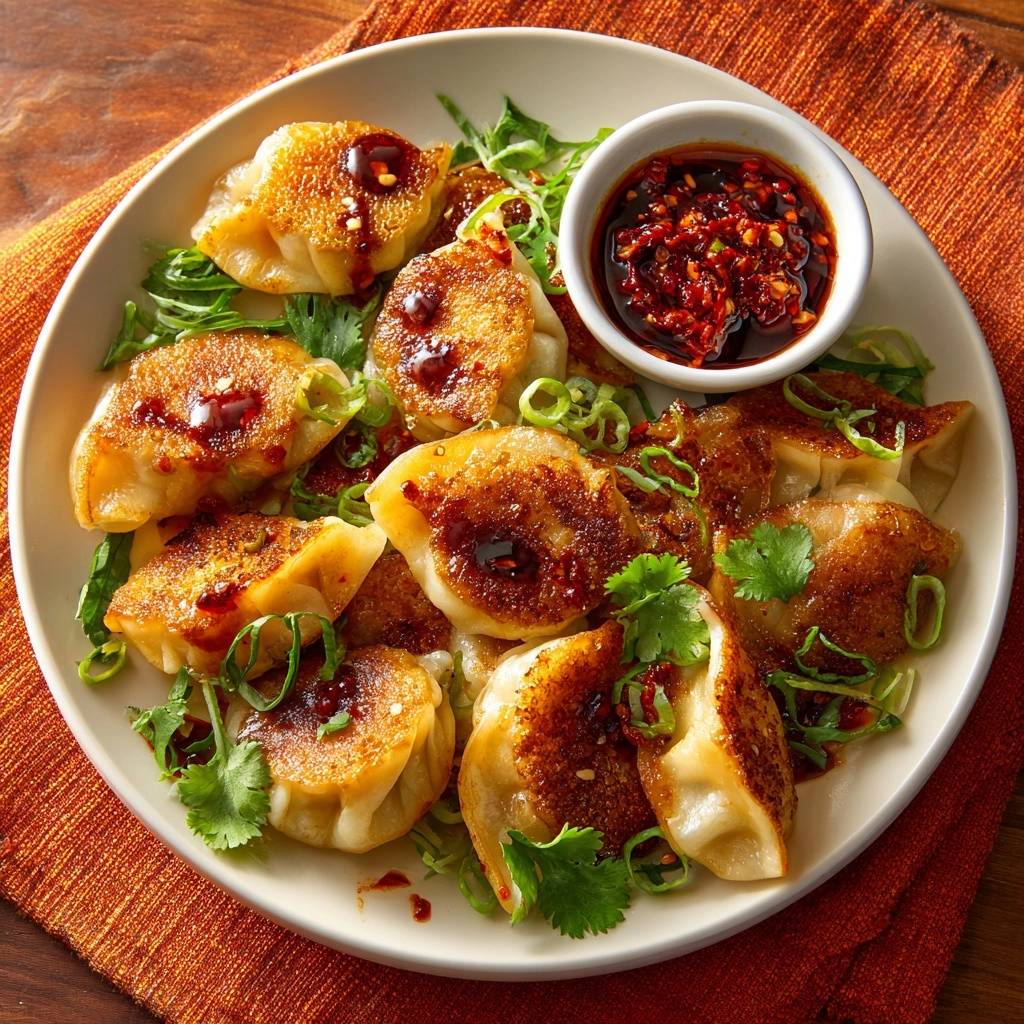 Goldbraune Gyoza mit Chili-Dip von oben betrachtet, serviert mit frischen Kräutern und einem kleinen Schälchen Dip.