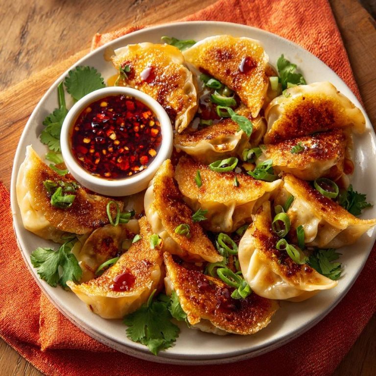 Goldbraune Gyoza mit Chili-Dip von oben betrachtet, serviert mit frischem Koriander und einem scharfen Chili-Dip.
