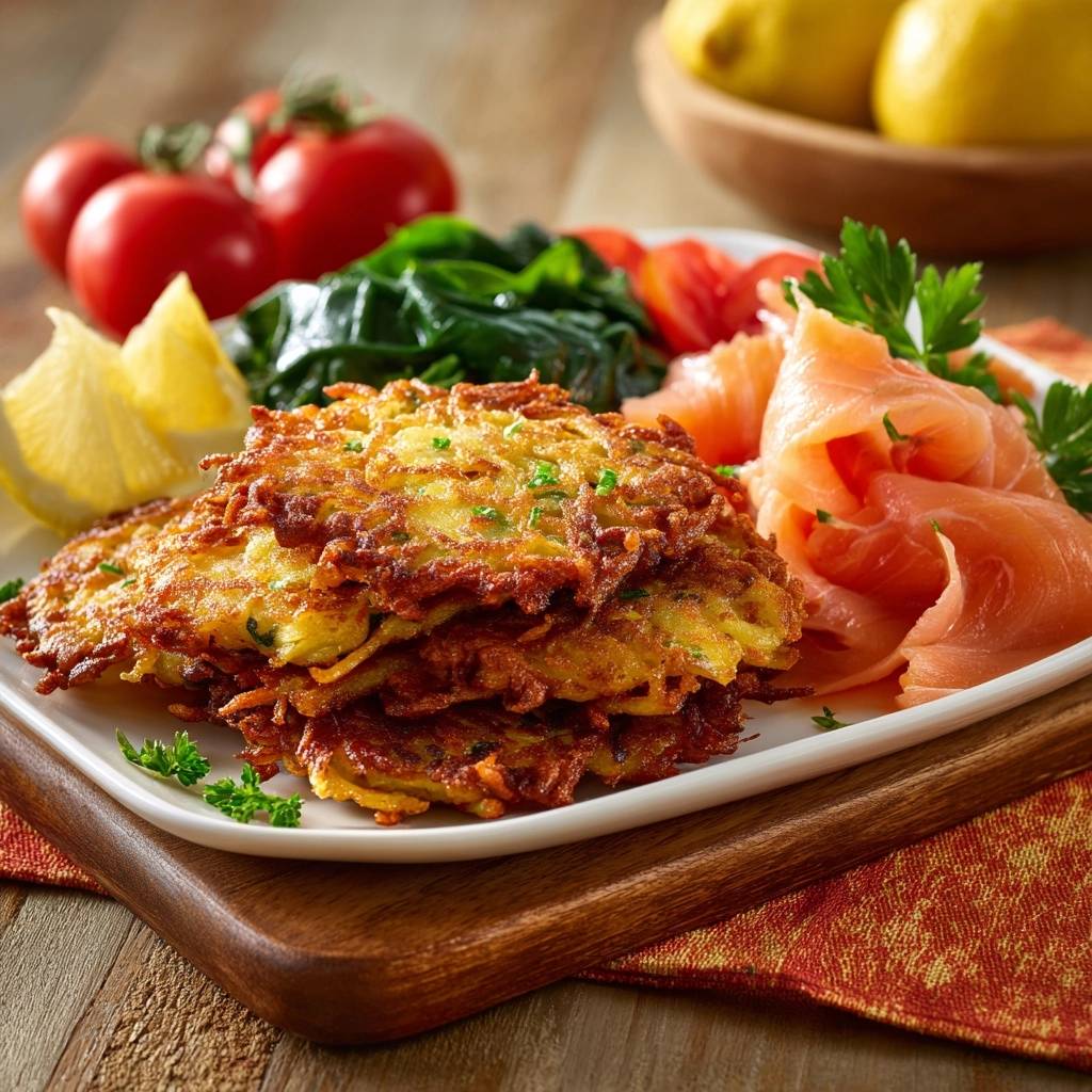 Goldbraune Kartoffelrösti mit Räucherlachs, serviert mit frischen Zutaten wie Tomaten, Spinat und Zitronen, auf einem rustikalen Holzbrett.