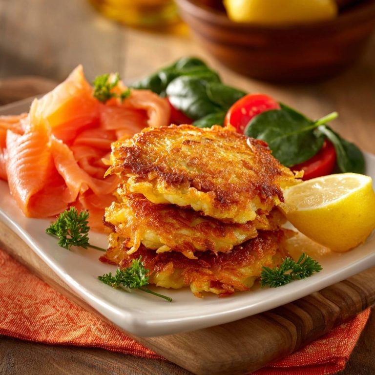 Goldbraune Kartoffelrösti mit Räucherlachs, serviert auf einem Teller mit frischem Salat, Tomaten und einer Zitronenspalte.