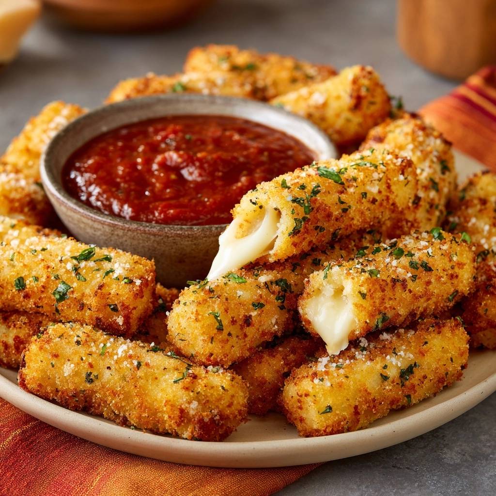 Goldbraune Mozzarella Sticks Querschnitt 1 Goldbraune Mozzarella Sticks mit einem warmen, geschmolzenen Käse-Kern, die in einer Nahaufnahme auf einem Teller serviert werden.