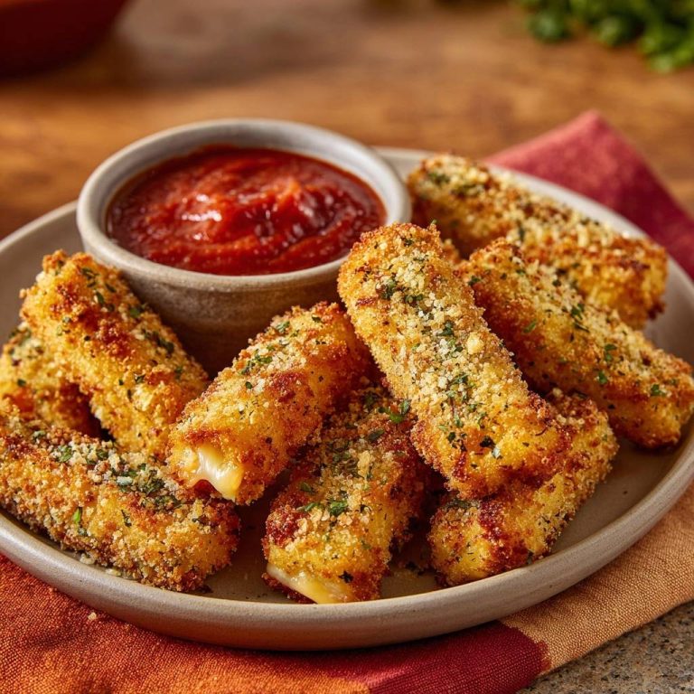 Goldbraune Mozzarella Sticks in Nahaufnahme, mit geschmolzenem Käse, der aus einem der knusprigen Stäbchen herausquillt, serviert mit Tomatensauce.