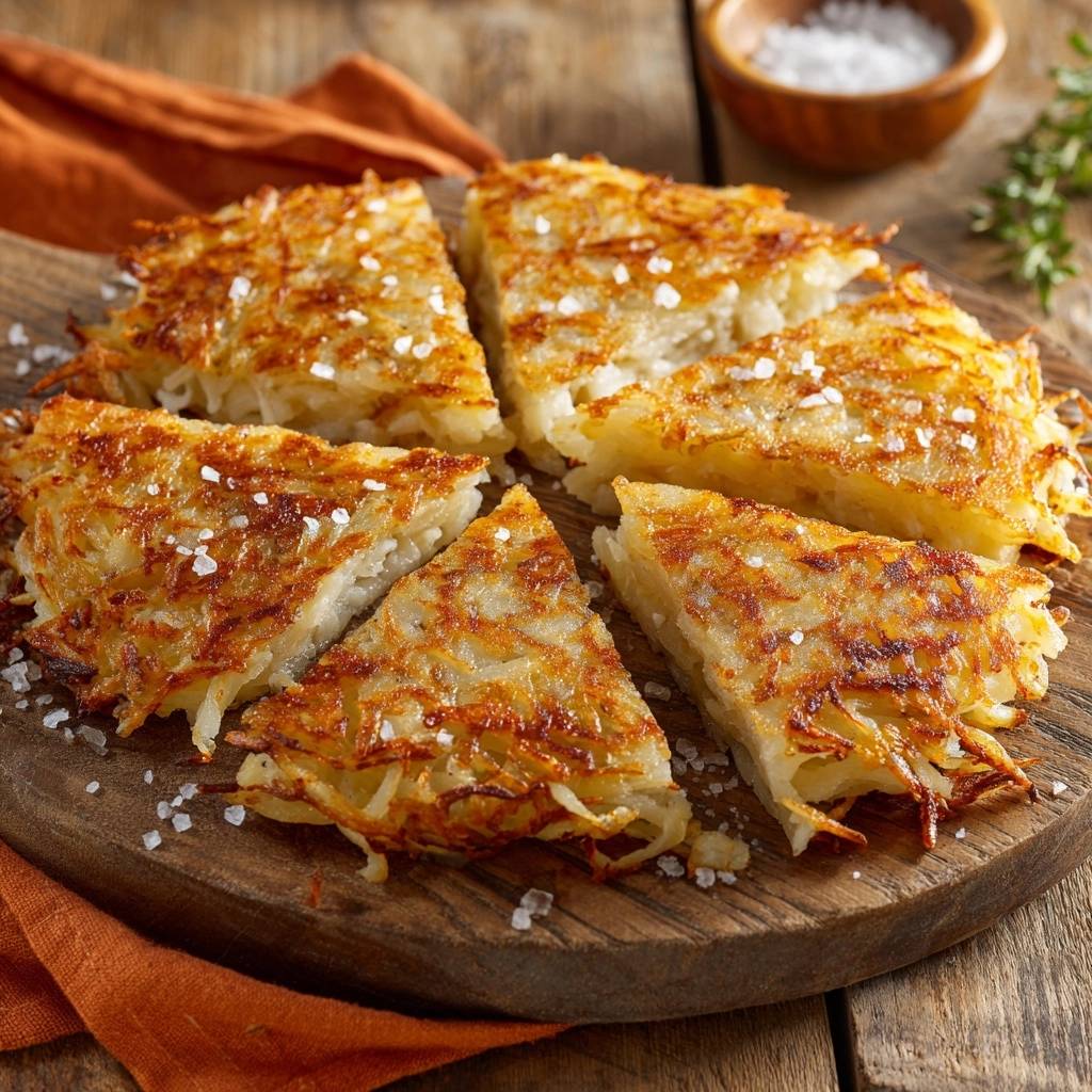 Goldbraune Schweizer Roesti Aufgeschnitten Serviert 1 Goldbraune Schweizer Rösti, serviert auf einem rustikalen Holzbrett, ist in sechs Stücke geschnitten und mit grobem Salz bestreut.