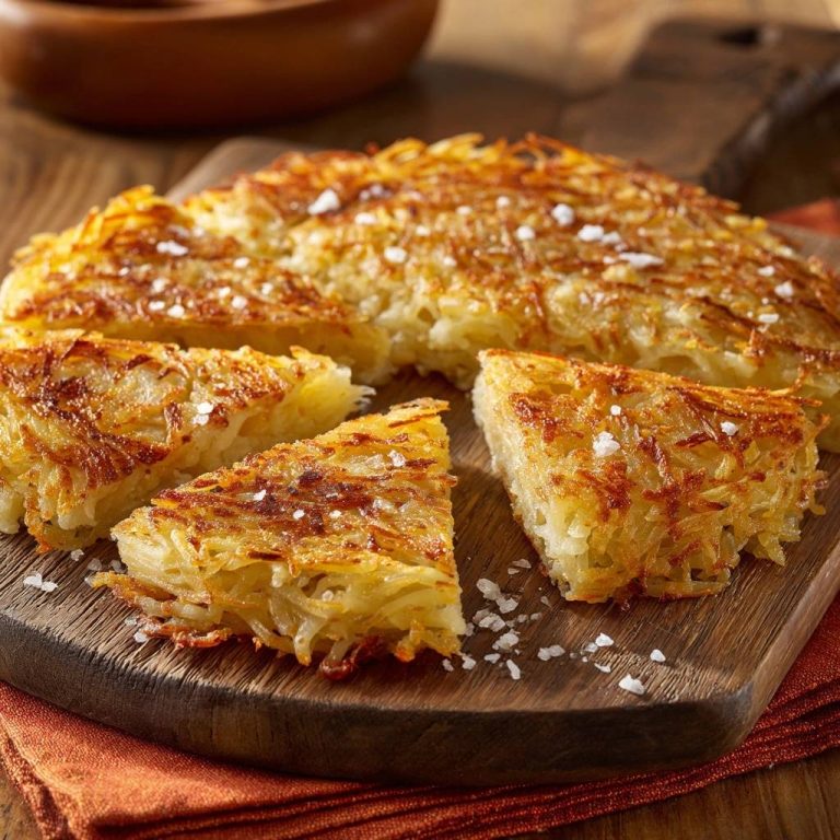 Goldbraune Schweizer Rösti, serviert auf einem rustikalen Holzbrett, zeigt einen leckeren Querschnitt und die knusprige Textur.