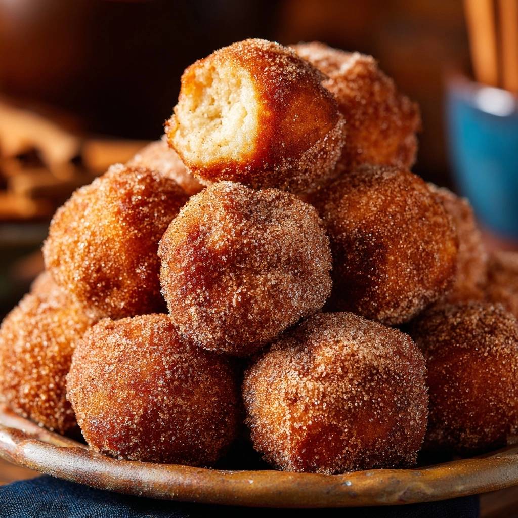 Goldbraune Zimt Zucker Quarkbaellchen Angeschnitten 1 Goldbraune Zimt-Zucker-Quarkbällchen, hier mit einem Anschnitt, der das fluffige Innere dieser frittierten Bällchen zeigt.