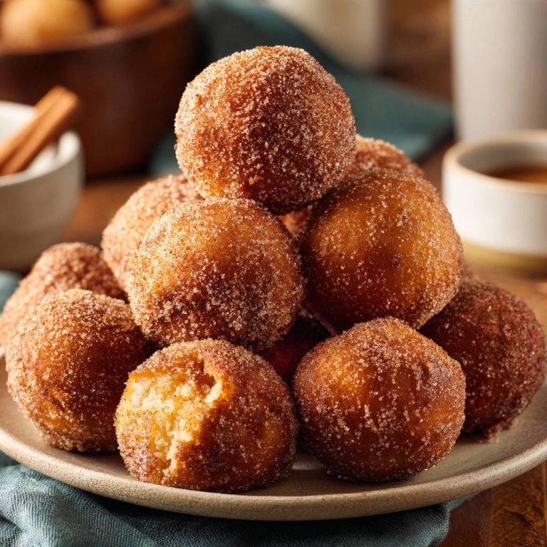 Goldbraune Zimt-Zucker-Quarkbällchen mit einem Biss, der die fluffige Innenstruktur zeigt, serviert auf einem Teller.