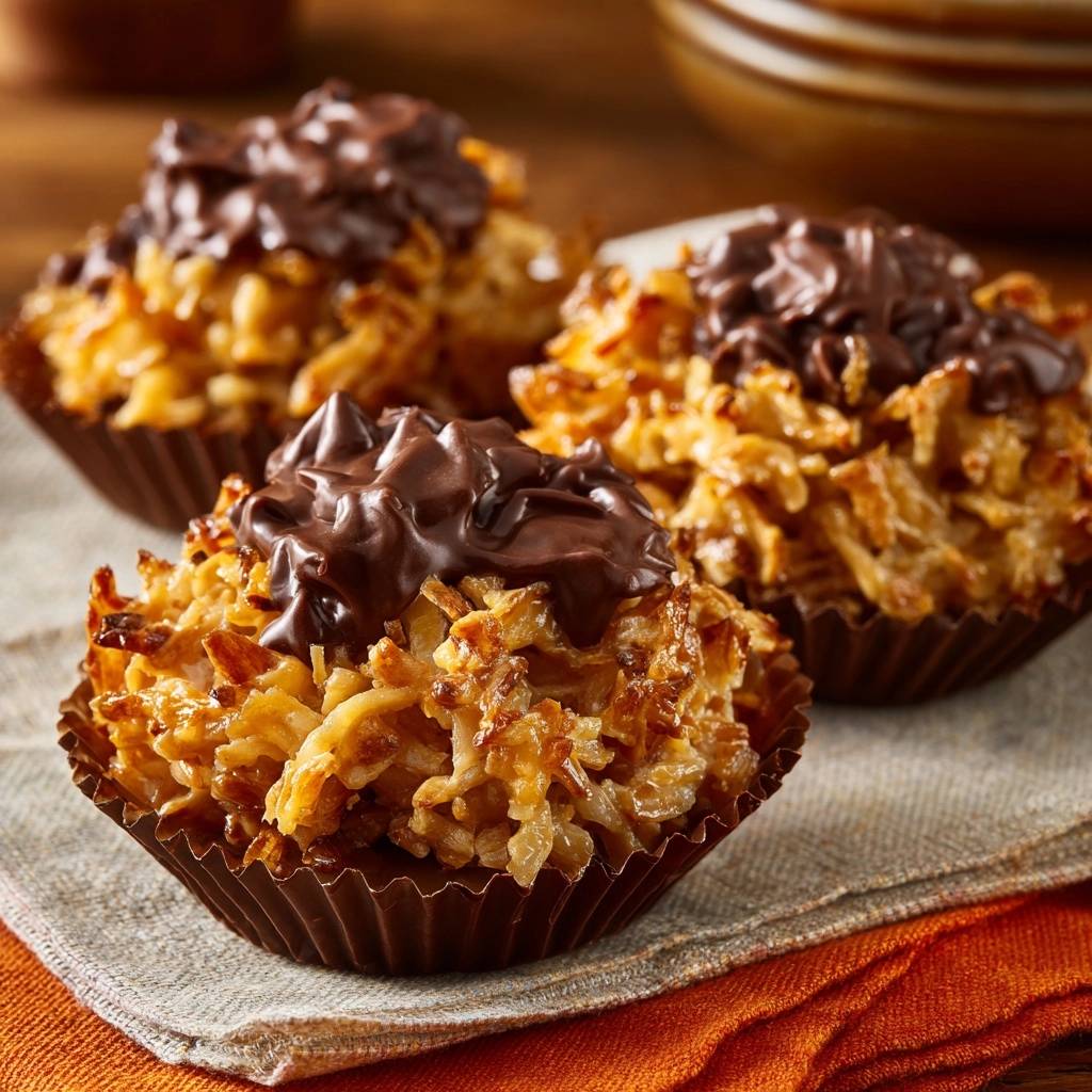 Goldene Kokos-Cluster mit Schokohaube in Nahaufnahme, präsentiert in braunen Papierförmchen, mit geschmolzener Schokolade als dekorativem Topping.