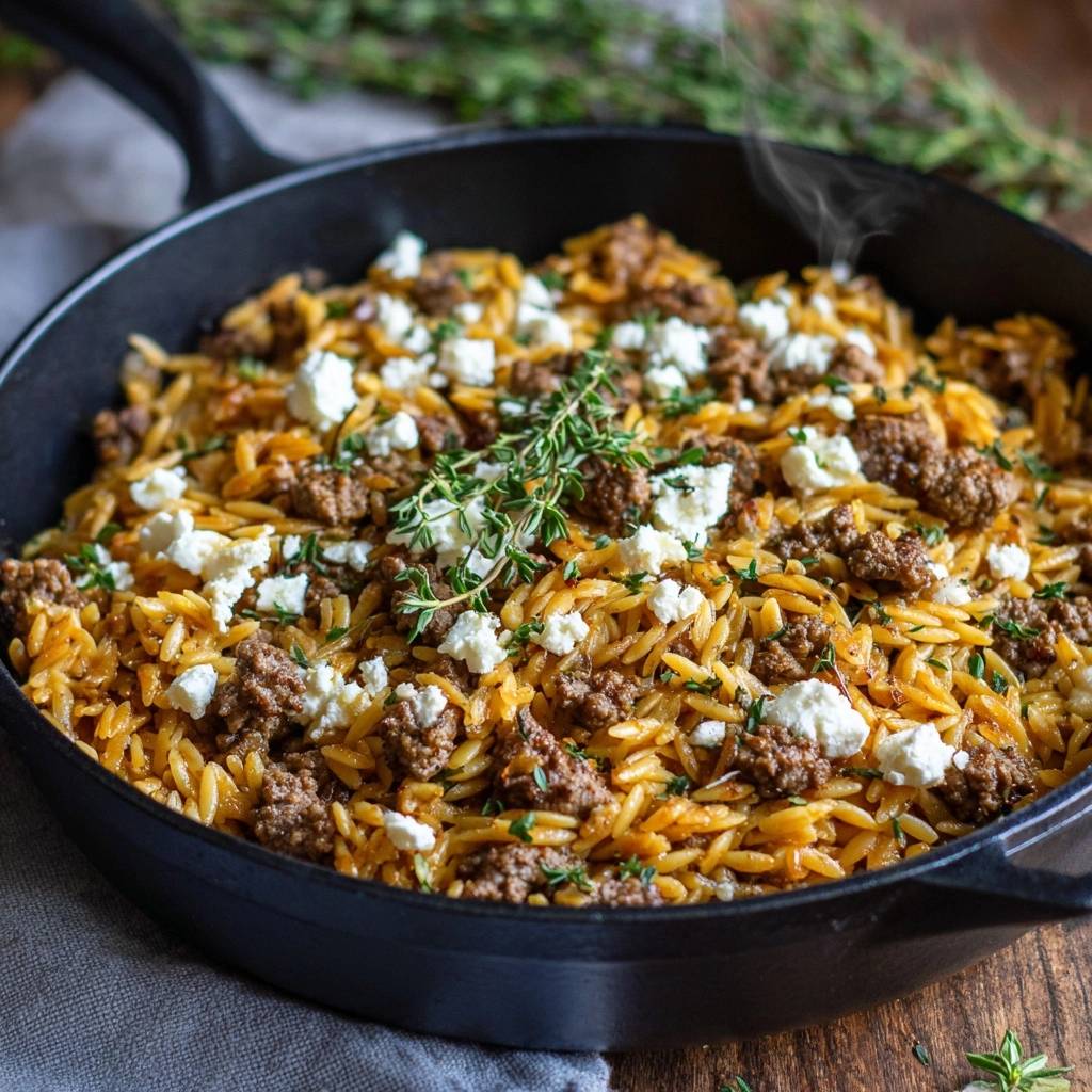 Griechisches Orzo Mit Rinderhack Feta Draufsicht 1 Griechisches Orzo mit Rinderhack und Feta in der Pfanne serviert, garniert mit frischem Thymian und zerbröseltem Feta-Käse.