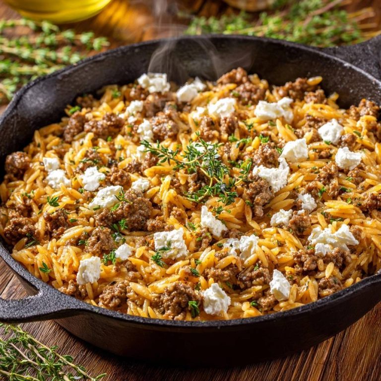 Griechisches Orzo mit Rinderhack und Feta in einer gusseisernen Pfanne, serviert mit frischem Thymian und dampfend heiß.