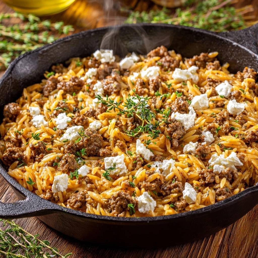 Griechisches Orzo mit Rinderhack und Feta in einer gusseisernen Pfanne, serviert mit frischem Thymian und dampfend heiß.