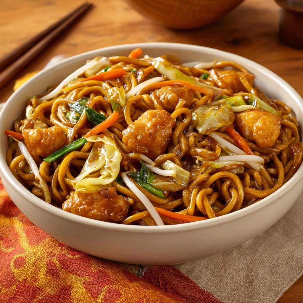 Haehnchen Chow Mein Nahaufnahme 1 Hähnchen Chow Mein in einer Nahaufnahme, die die Nudeln, das Gemüse und die Hähnchenstücke in der Schüssel zeigt.