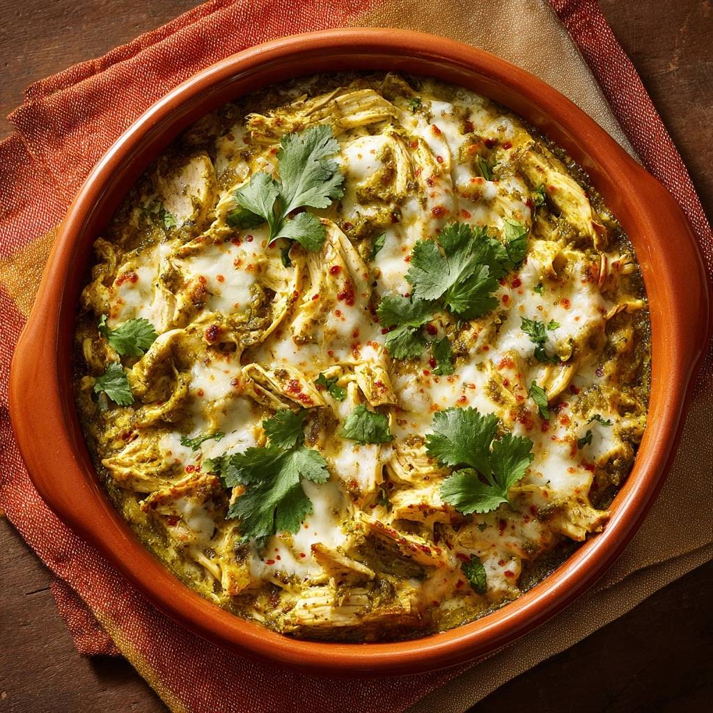 Hähnchen-Enchiladas Verdes, serviert in einer rustikalen Auflaufform, mit geschmolzenem Käse und frischem Koriander garniert.